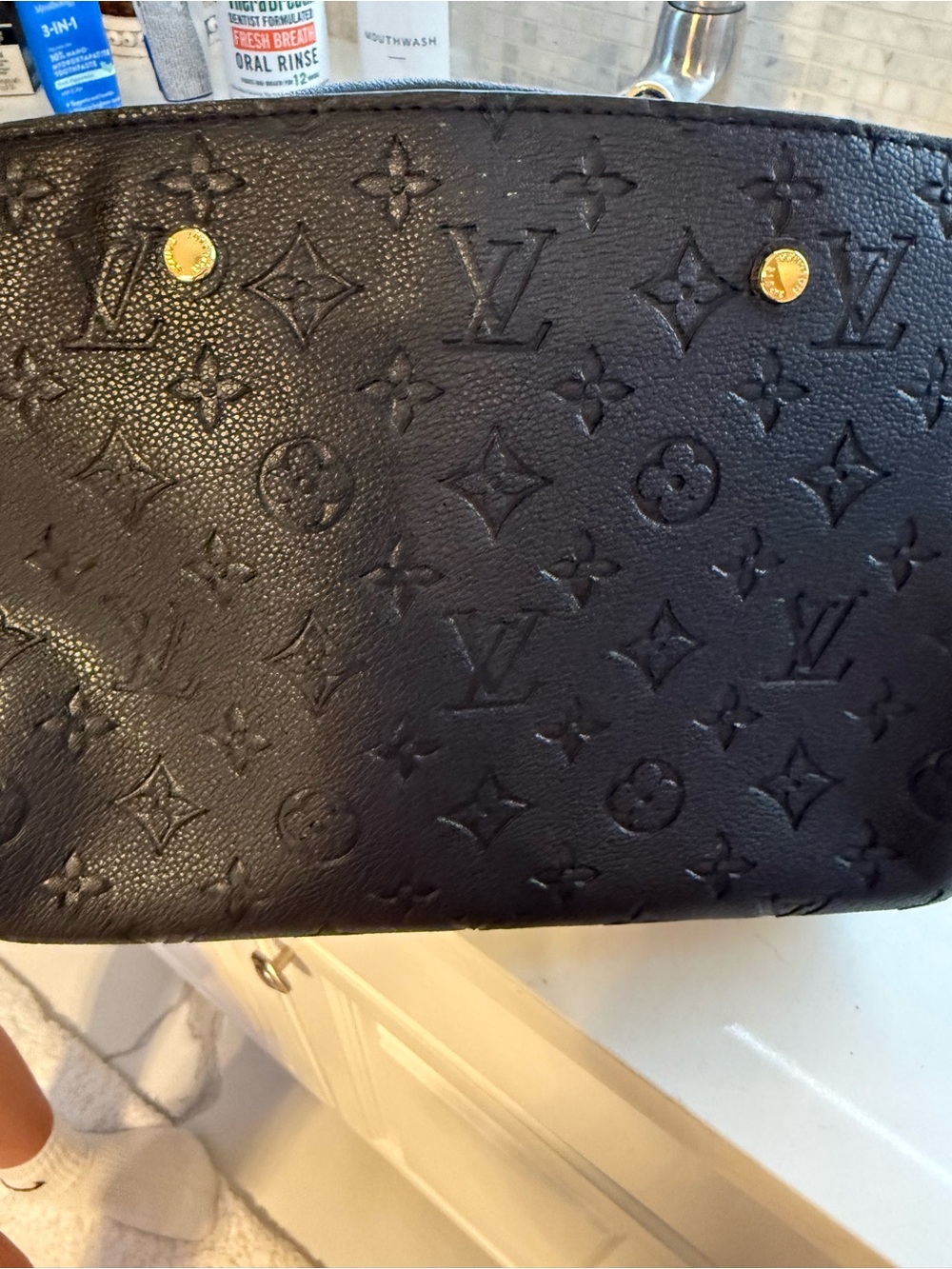 LV Black Monogram-Embossed Leather Tote with Gold Studs